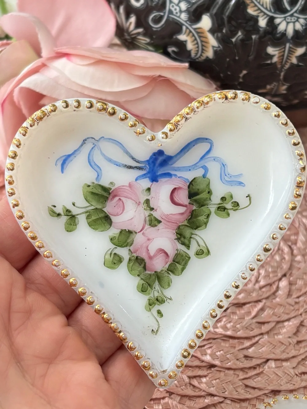 Vintage Milk Glass Hand Painted Flowers Heart Shaped Trinket Dish (set of 2)